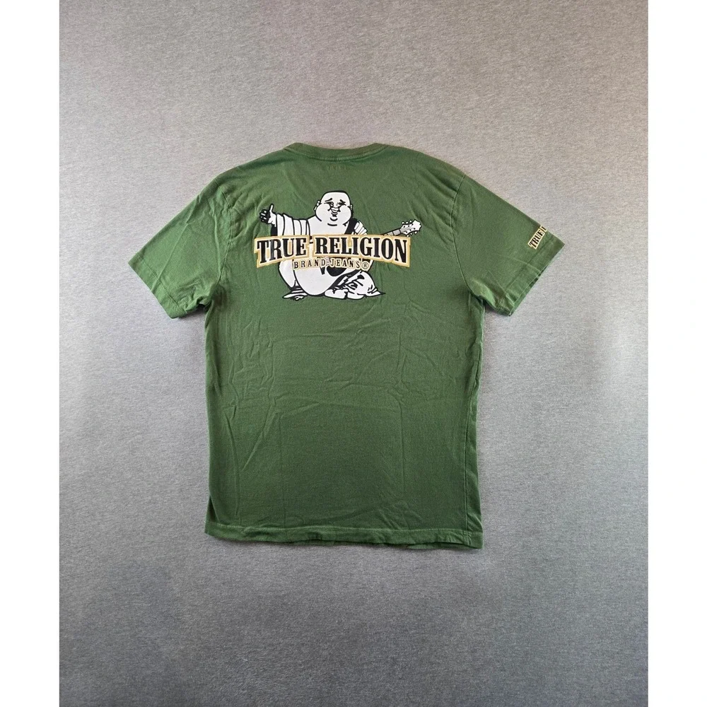 True Religion Graphic T-Shirt Mens L Green Buddha Horseshoe Logo Short Sleeve